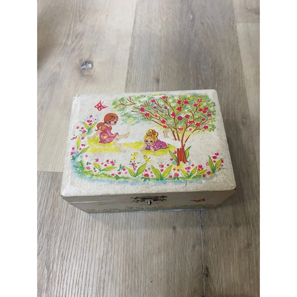 Vintage Powell Jewelry Box Blue Satin Lining Illustrated Girls Butterflies